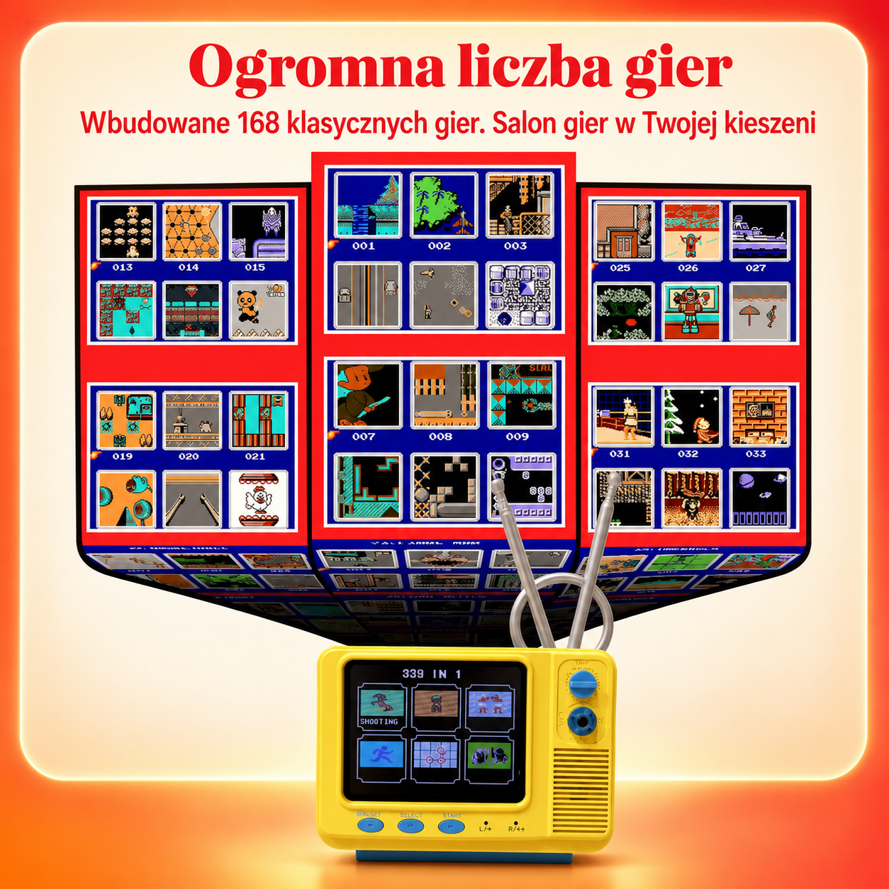 RetroBox™ Mini Konsola — 168 Klasycznych Gier, Graj w Podróży i na TV!
